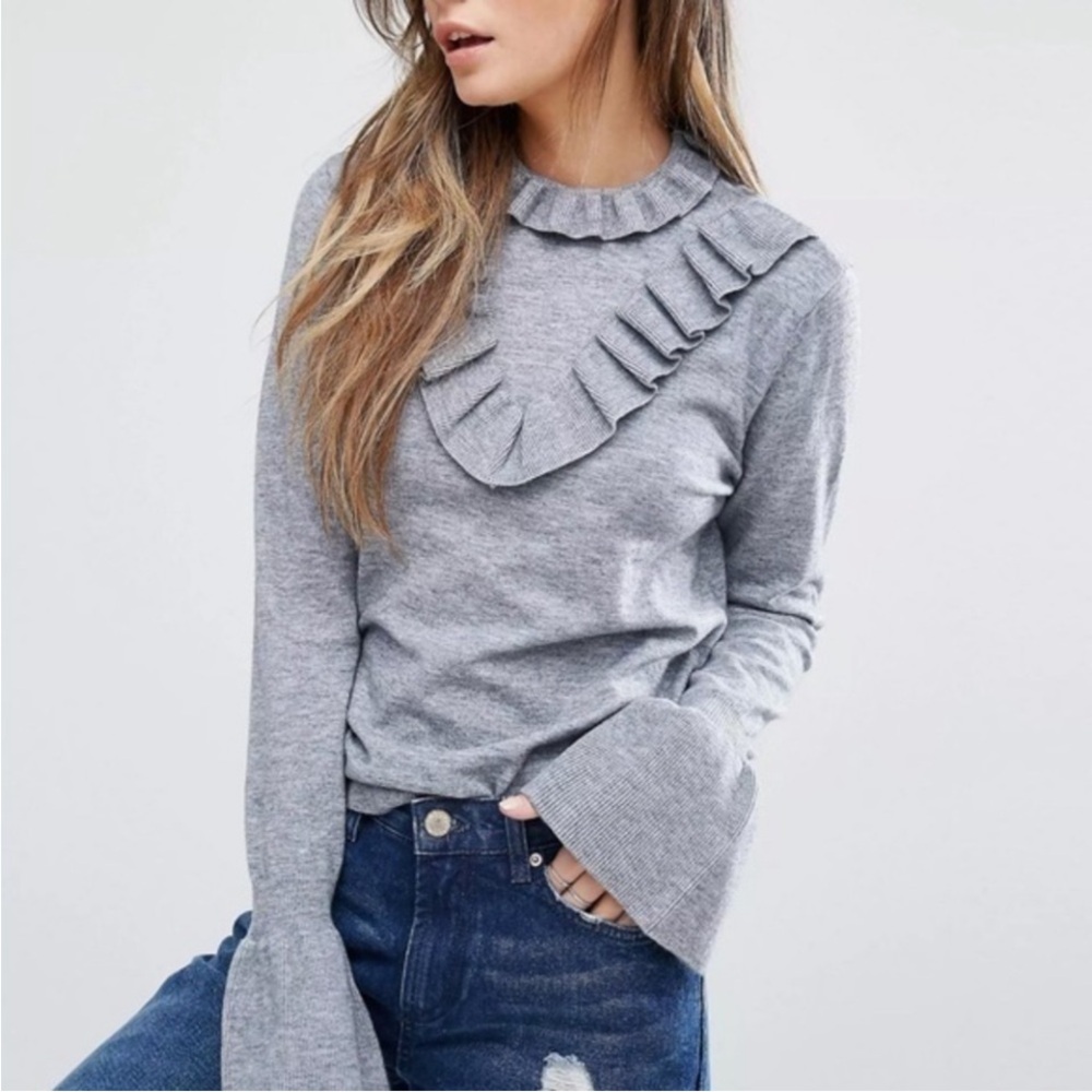 Vero Moda Vicky Gray Ruffle Sweater Bell Sleeve Mock Neck Feminine Knit Top